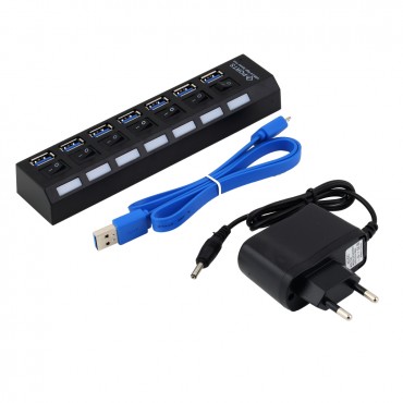 7 Ports USB 3.0 Hub with On/Off Switch+EU AC Power Adapter