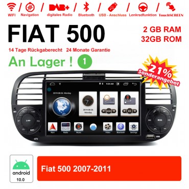 6.2 Zoll Android 10.0 Autoradio / Multimedia 2GB RAM 16GB ROM Für Fiat 500 2007-2011 Mit WiFi NAVI Bluetooth USB Schwarz