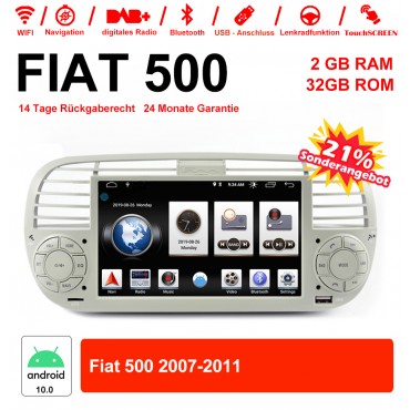 6.2 Zoll Android 10.0 Autoradio / Multimedia 2GB RAM 16GB ROM Für Fiat 500 2007-2011 Mit WiFi NAVI Bluetooth USB Weiß 