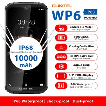 OUKITEL WP6 6.3 Zoll 19.5: 9 Mobiltelefon MT6771T Octa Wasserdichter stoßfester 9V / 2A 10000mAh Akku 6G RAM 128G ROM Smartphone