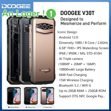Doogee V30T 5G Android 12 6.58'' FHD Robuste Telefon 20GB RAM 256GB ROM Smartphone AI Triple Kamera 108MP 10800mAh Unterstützt OTG NFC Google Pay