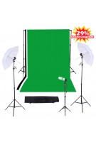 Foto / Video Studio Triple Beleuchtungs Set mit schwarzem Weiß Grün Muslins Backdrops + Kulisse Standmontage + Light Stand Background + 33in / 83cm Regenschirme + 45W E27 Studio Light Bulb + Swivel Sockel