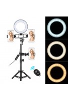 6 Zoll Desktop Mini LED Ringlicht 3000-6000K 3 Lichtmodi und dimmbare Helligkeit mit kabelloser Fernbedienung Stativstativ 3 Handyhalter Kamera-Beleuchtungskit für iPhone / Xs / XR / 8/8/7/7 Plus