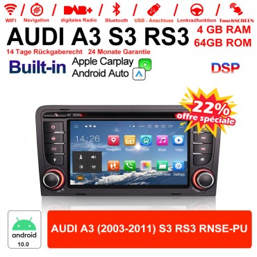 7 Zoll Android 10.0 Autoradio / Multimedia 4GB RAM 64GB ROM  Für AUDI A3 (2003-2011) S3 RS3 RNSE-PU Built-in Carplay / Android Auto