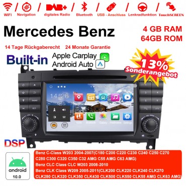 7 Zoll Android 10.0  Autoradio / Multimedia 4GB RAM 64GB ROM Für c-klasse W203 2004-2007 Clk W209 2005 A-w168 1998 2002 Clk-c209 Built-in Carplay / Android Auto