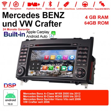 7 Zoll Android 10.0  Autoradio / Multimedia 4GB RAM 64GB ROM Für Mercedes BENZ A Klasse W169, B Klasse W245, Sprinter Viano Vito und VW Crafter Built-in Carplay / Android Auto