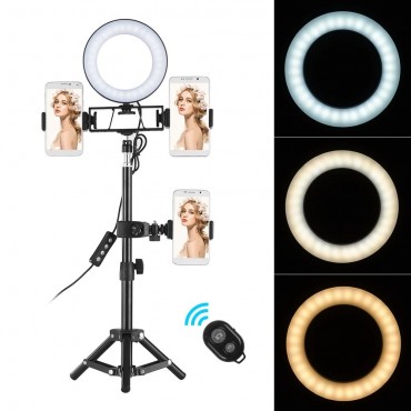 6 Zoll Desktop Mini LED Ringlicht 3000-6000K 3 Lichtmodi und dimmbare Helligkeit mit kabelloser Fernbedienung Stativstativ 3 Handyhalter Kamera-Beleuchtungskit für iPhone / Xs / XR / 8/8/7/7 Plus