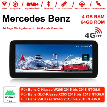 10.25 Zoll MTK8783 8 Core Android 10.0 4G LTE Autoradio / Multimedia 4GB RAM 64GB ROM Für Mercedes Benz C-Klasse GLC-Klasse V-Klasse Mit WiFi NAVI Bluetooth USB